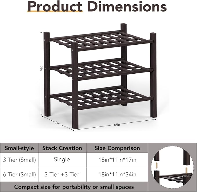 Haddockway small 3 Tier Bamboo Shoe Rack Storage Organizer, Multifunctional Free Standing Stackable Shoe Shelf with Grid Panel for Closet,Hallway,Entryway,Small Space 18"x11"x17"(Brown, 3-Tier(Small))