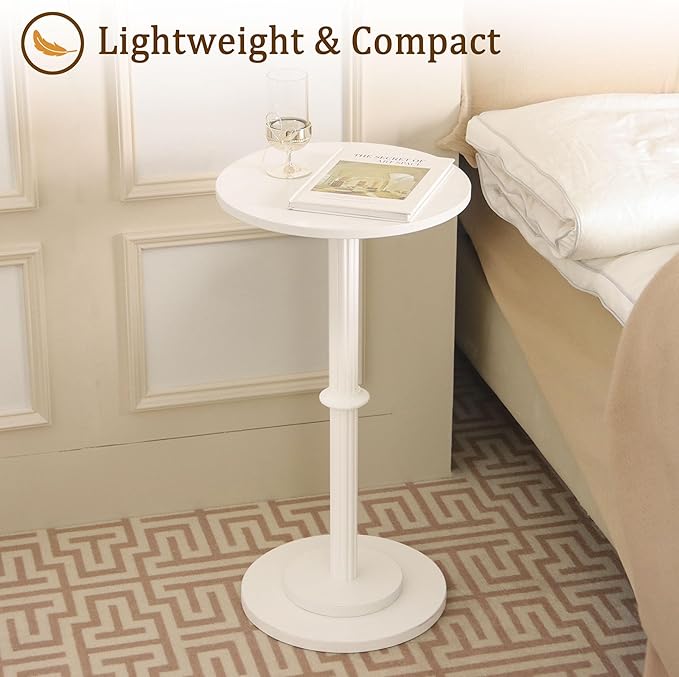 MaxSmeo Drink Table, Small Side Table for Small Spaces, Modern Round End Table with Fluted Wood Leg, White