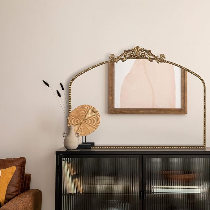 Large Ornate Gold Antique Mirror 40” x 30”, Vintage Wall Mirror with Gold Beaded Arch Frame, Dresser Mirror for Dining Room,Living Room, Sofa Wall, or Hallway Decor