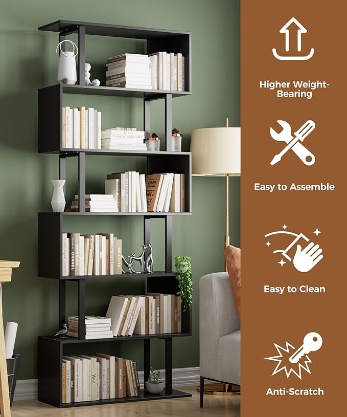 Gadroad 6 Tier Geometric Bookcase, Black Book Shelves, Modern Corner Bookcase Storage Shelf Wood for Bedroom, Living Room, Home Office, Black