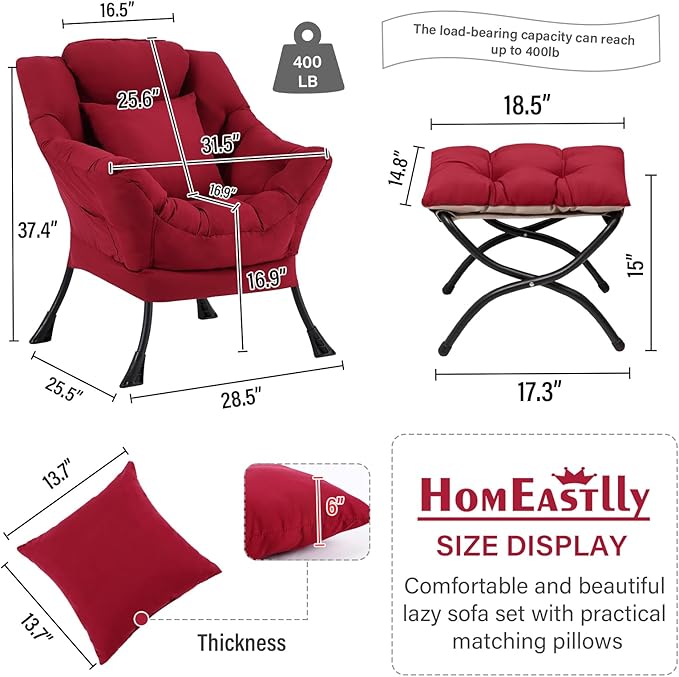 Lazy Chair with Ottoman, Modern Lounge Armchair with a Pillow, Leisure Sofa Armchair Set, Reading Chair with Footrest for Living Room, Bedroom, Office, Dorm Room, Peach Burgundy