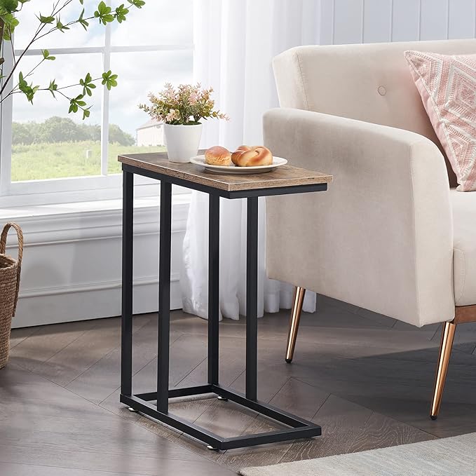 VECELO C Shaped End Side Table for Sofa Couch and Bed Snack TV Tray for Living Room Bedroom, 2 Set, Grey