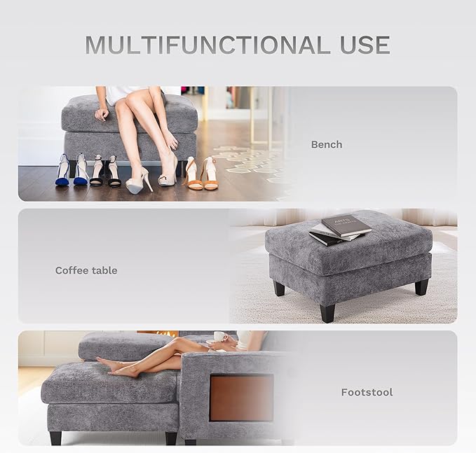 COLAMY 118" U-Shaped Sectional Couch, 4-Seat Modular Sofa with 2 Ottomans and Foldable Side Table, Grey for Living Room
