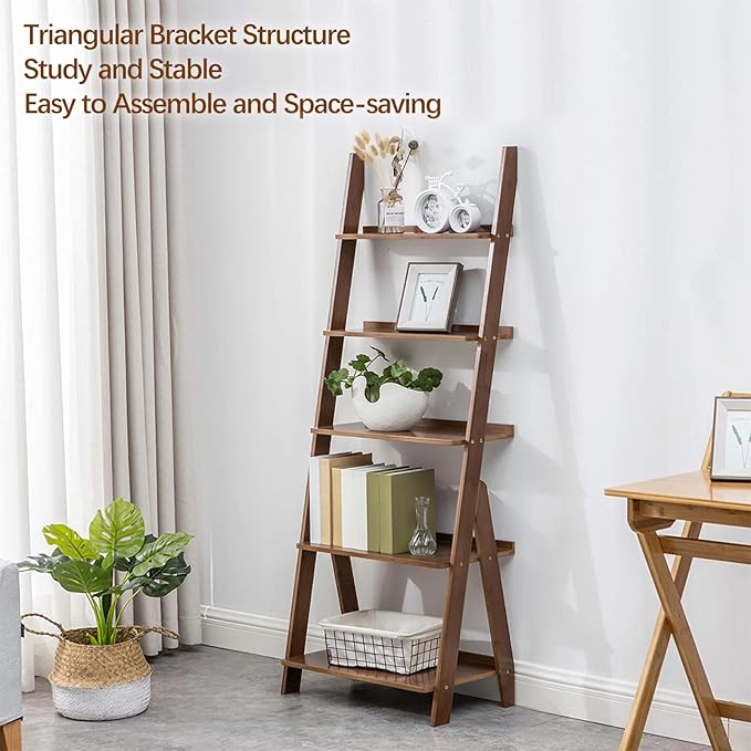 DOUSY-5-Tier Ladder Shelf Bookcase, Bamboo Ladder Bookshelf Leaning Book Shelf, Freestanding Storage Shelf Boho for Living Room, Home Office, Bedroom, Balcony, Walnut