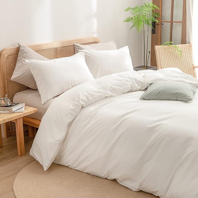 BESTOUCH Duvet Cover Set 100% Washed Cotton Linen Feel Super Soft Comfortable Chic Lightweight 3 PCs Home Bedding Set Solid Off White Oversized King