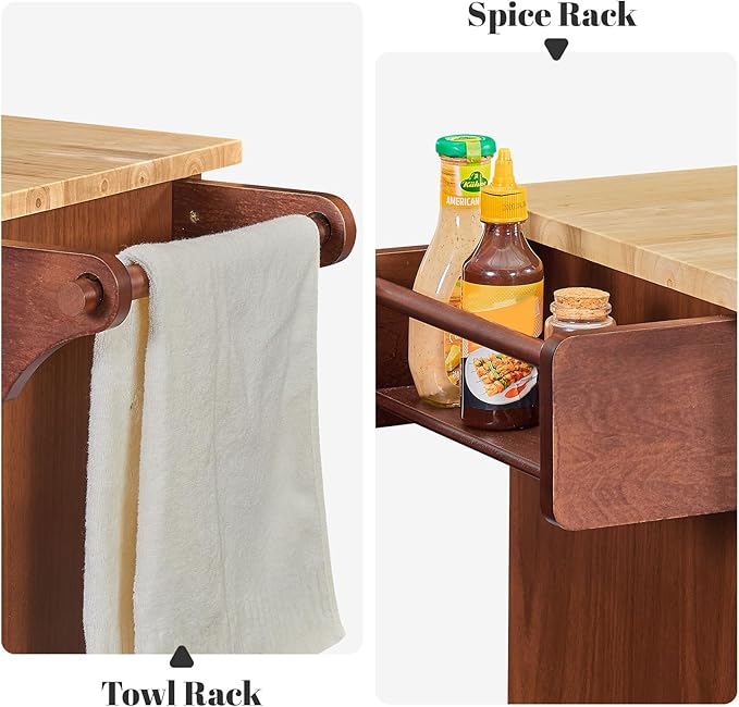 Rovibek Kitchen Island On Wheels Rolling Islands with Storage & Drawers Cabinet Spice Rack Towel Rack, Brown