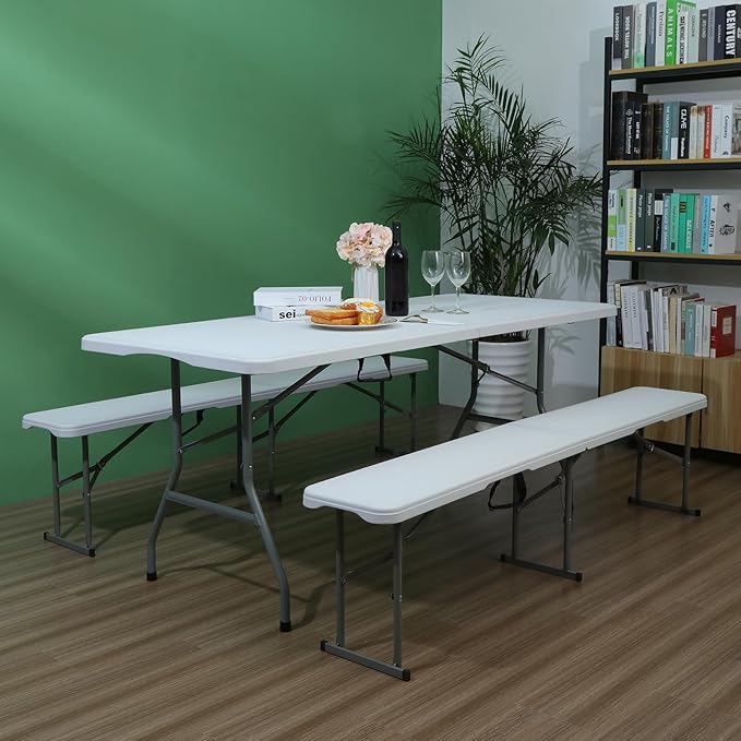 Folding Table 6 FT Lightweight Portable Plastic Fold-in-Half Utility Foldable Table suitable to hold large, Plastic Dining Indoor Outdoor for Camping, Picnic and Party, White(27.5"D ×70.8"W ×29.1"H)