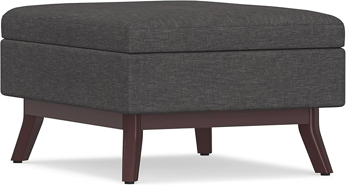 SIMPLIHOME Owen 34 inch Wide Mid Century Modern Rectangle Coffee Table Storage Ottoman in Slate Grey Linen Look Fabric, Assembled, For the Living Room, Entryway and Family Room