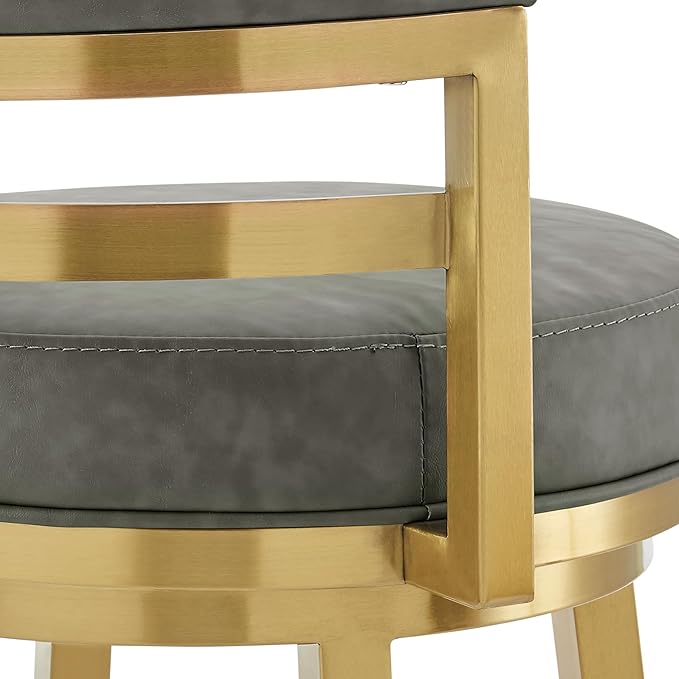 Armen Living Madrid 30" Seat Height Swivel Modern Vintage Gray Faux Leather and Gold Brushed Stainless Steel Bar Stool for Kitchen Island Counter
