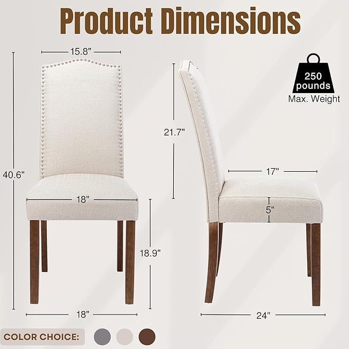 Stylish Upholstered Parsons Dining Chair Kitchen with Silver Nailhead Trim and Sturdy Solid Wood Legs