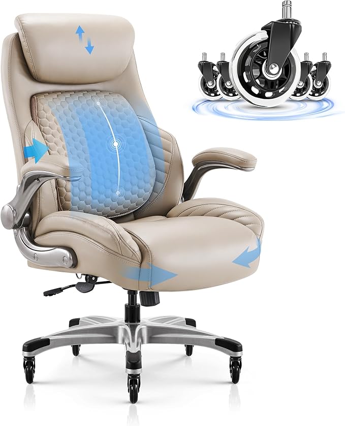 COLAMY Office Ergonomic Desk High Back Executive Chair with Pop-Out Lumbar Support, Upgraded Casters, Adjustable Headrest, Flip-Up Arms, Leather Home with Thick Cushion for Comfort - Khaki