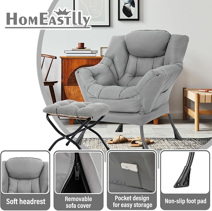 Lazy Chair with Ottoman, Large Modern Lounge Accent Chair with Armrests and Footrest, Reading Armchair with Ottoman, Leisure Sofa Chair for Living Room, Bedroom, Dorm Room (Light Grey)