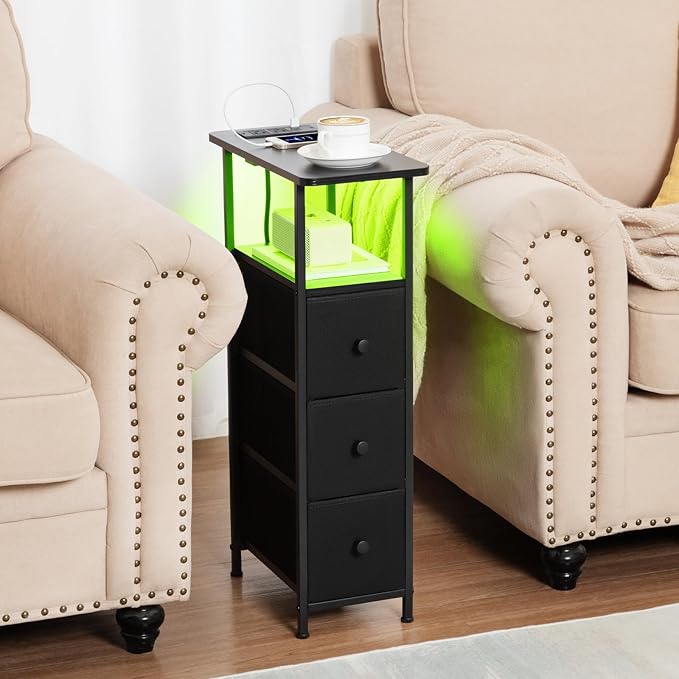 Narrow End Table Living Room with Charging Station, Skinny Side Table with Fabric Drawers, Slim LED Nightstand for Bedroom, Small Spaces, Couch, Black, HETNDP03LBK-1