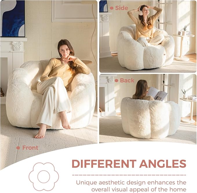 MAXYOYO Bean Bag Chair for Adults, Floral Shaped Bean Bag Sofa, Ultra Soft Faux Fur Floor Sofa, Large Reading Chair for Living Room Bedroom, Beige, Single