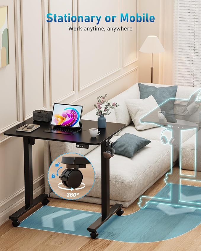Small Height Adjustable Electric Standing Desk, 31.5" x 23.6" Sit Stand up Desk with Splice Board, Ergonomic Rising Computer Home Office Desk Table with Memory Preset, Black Frame/Black Top