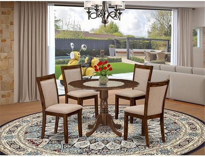 East West Furniture DLMZ5-AWN-04 5 Piece Kitchen Table Set for 4 Includes a Round Dining Room Table with Dropleaf and 4 Light Tan Linen Fabric Parsons Dining Chairs, 42x42 Inch, Natural Walnut