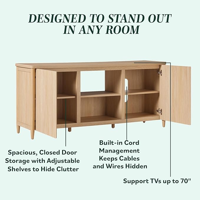 Walker Edison Scandinavian Reeded TV Stand with Storage for up to 70" TV Coastal Oak