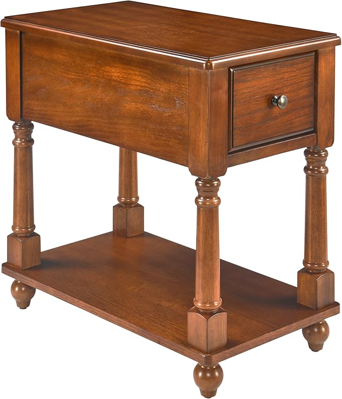 LEEMTORIG Solid Wood End Table Narrow Side Table with Drawer, Cherry Wood End Table living room, 13"W Slim Bedside Table Small Nightstand, 22"D x 22.3"H, No-tools Assembly, Beeswax Brown BBJ-004-DR