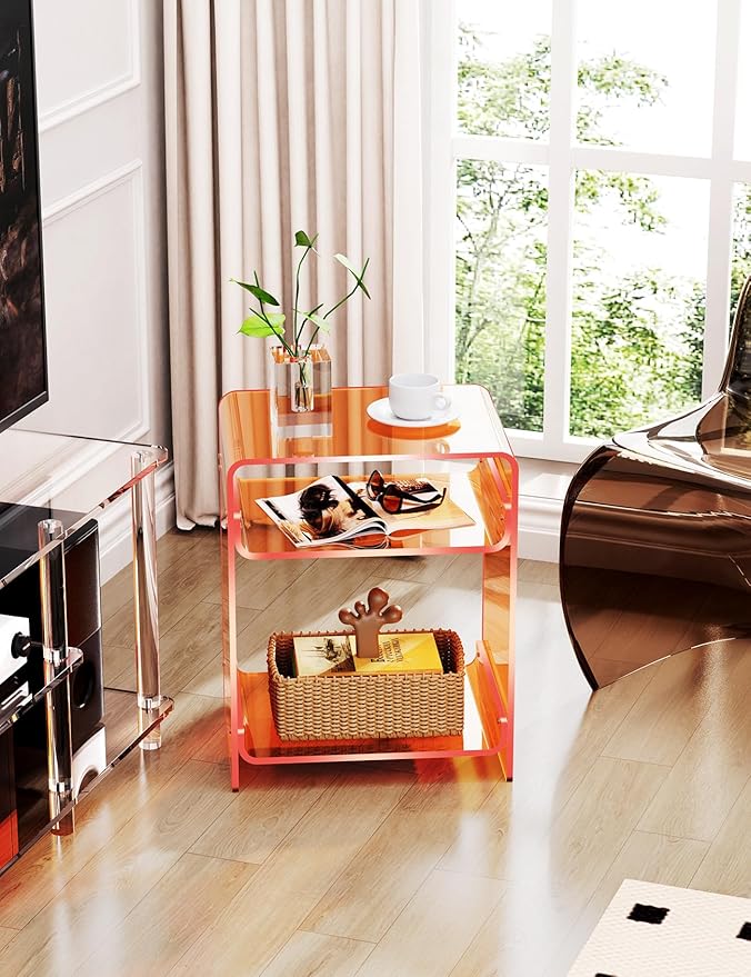 Acrylic Record Player Table with Storage Shelf, Clear Side Table Nightstand (Orange)