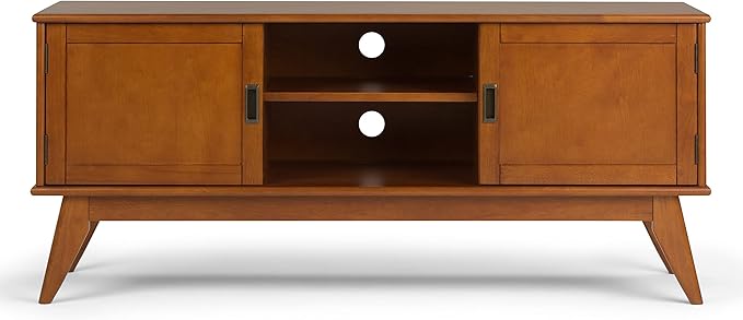 SIMPLIHOME Draper SOLID HARDWOOD 60 inch Wide Mid Century Modern TV Media Stand in Teak Brown For TVs up to 65 inches for the Living Room and Entertainment Center