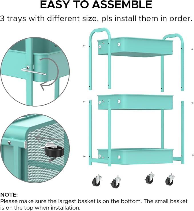 MAX Houser 3-Tier Rolling Utility Cart with Caster Wheels,Easy Assembly, for Kitchen, Bathroom (Turquoise)
