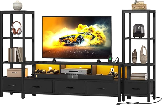 DWVO Entertainment Center with Bookshelves, LED TV Stand for 65/60 inch TV, Black TV Stand for Living Room with 2 Modern 4-Tier Bookshelves & Power Outlets, Black
