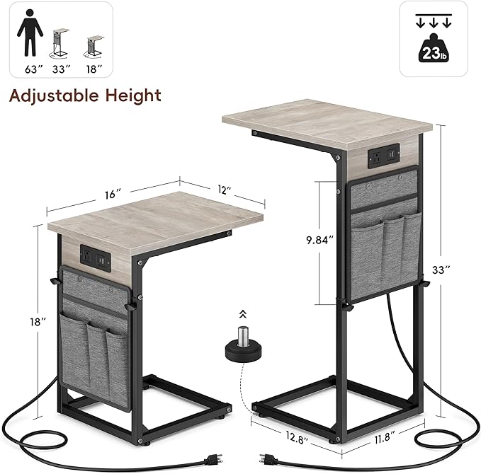 VAGUSICC C Shaped End Table with Charging Station, Adjustable Height Side Table for Couch Recliner, Small Sofa Table with Storage Bag, Slide Under Sofa TV Tray Arm Table for Living Room, Bedroom, Gray