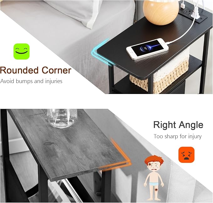 Narrow End Table Living Room with Charging Station, Skinny Side Table with Fabric Drawers, Slim LED Nightstand for Bedroom, Small Spaces, Couch, Black, HETNDP02LBK-1