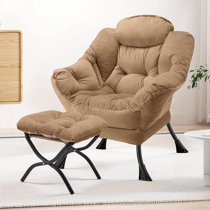 Lazy Chair with Folding Ottoman Modern Large Accent Chair,Contemporary Lounge Leisure Sofa Chair with Armrests Upholstered Sofa Armchair Reading Chair for Bedroom,Dorm & Office(Khaki-f)