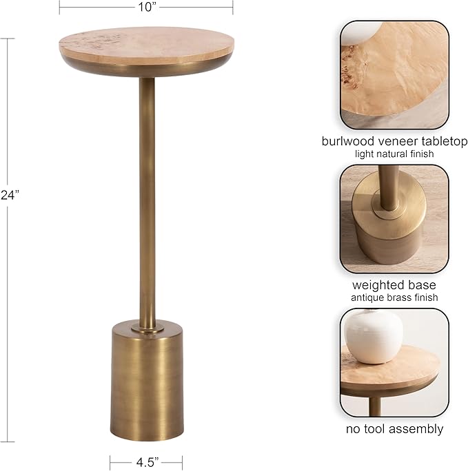 Kate and Laurel Xyler Modern Round Wood and Metal Drink Table, 10 x 10 x 24, Burlwood and Antique Brass, Transitional Pedestal Table for Use as Indoor Plant Stand or Living Room Decor Accent