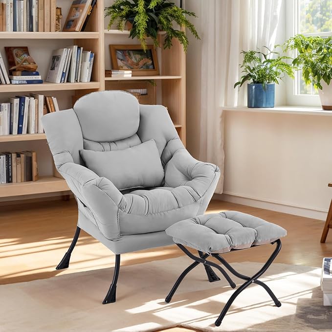 Lazy Chair with Ottoman, Modern Lounge Chair with Lumbar Pillow, Accent Cozy Reading Armchair and Folding Footstool for Bedroom, Dorm, Living Room,Light Grey