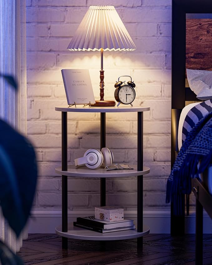 Small Round End Table - 3 Tier Design Accent Table, Narrow Side or Bedside Stand, Industrial Vintage Nightstand for Bedroom, Living Room, or Small Spaces, Greige