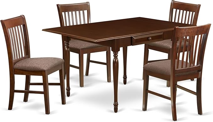 East West Furniture MZNO5-MAH-C 5 Piece Modern Dining Table Set Includes a Rectangle Wooden Table with Dropleaf and 4 Linen Fabric Dining Room Chairs, 36x54 Inch, Mahogany