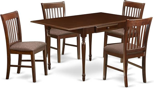 East West Furniture MZNO5-MAH-C 5 Piece Modern Dining Table Set Includes a Rectangle Wooden Table with Dropleaf and 4 Linen Fabric Dining Room Chairs, 36x54 Inch, Mahogany