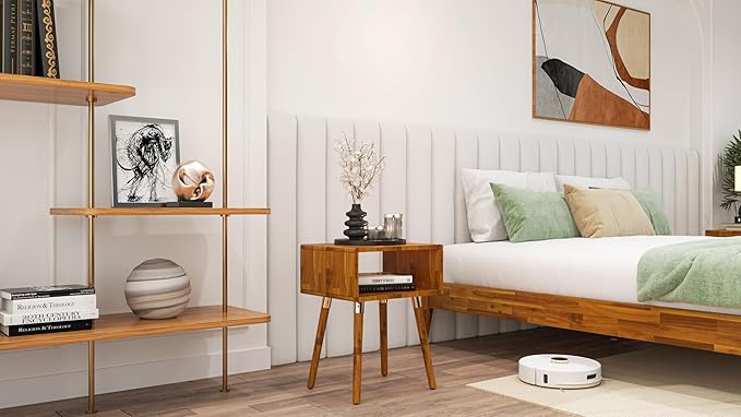 Bme Dinkee Solid Wood Nightstand, Fully Assembled, Without Drawer for Mid Century Bedroom and Living Room, Caramel