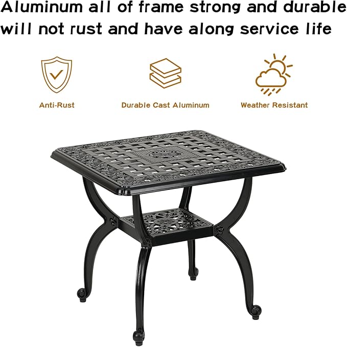 JARDIN DE CENTENNIAL Cast Aluminum Outdoor Side Table,Anti-Rust Outdoor End Table,Patio Coffee Bistro Table for Indoor,Garden,Porch,Balcony(Square Black)