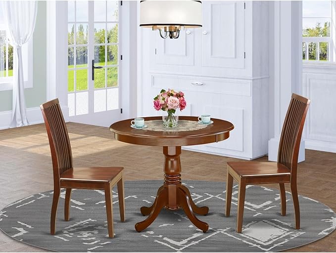 East West Furniture ANIP3-MAH-W 3 Piece Dining Set Contains a Round Dining Room Table with Pedestal and 2 Wood Seat Chairs, 36x36 Inch, Mahogany