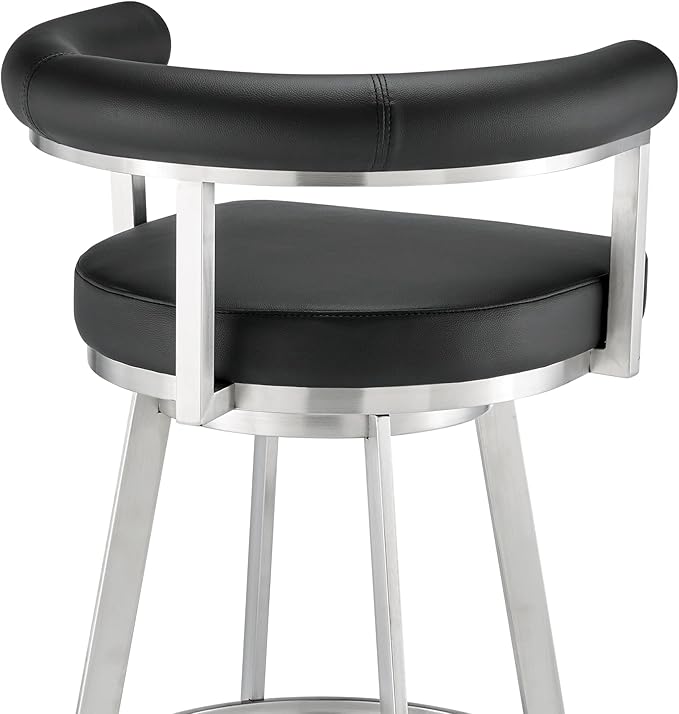 Armen Living Magnolia Swivel Bar Stool in Brushed Stainless Steel with Black Faux Leather