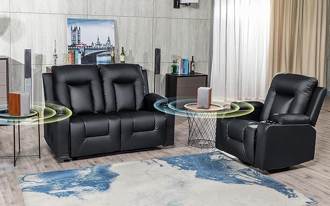 COMHOMA Living Room Furniture Set,Bonded Leather Loveseat Sofa with Massage,Cup Holder Recliner Chair,2+1,Black