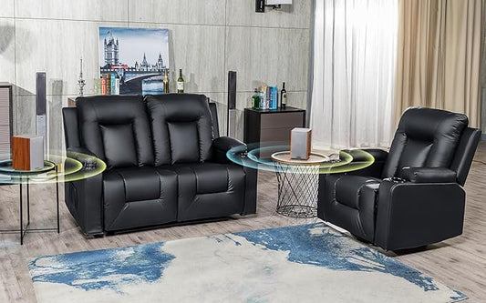 COMHOMA Living Room Furniture Set,Bonded Leather Loveseat Sofa with Massage,Cup Holder Recliner Chair,2+1,Black