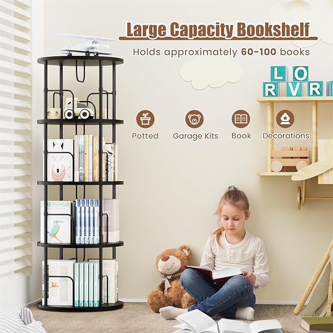 Rotating Bookshelf, 4 Tier Spinning Bookshelf Tower, 360° Display Round Bookcase, Floor Standing Corner Revolving Bookshelf Organizer Storage Rack for Small Spaces, Home Study Office, Black