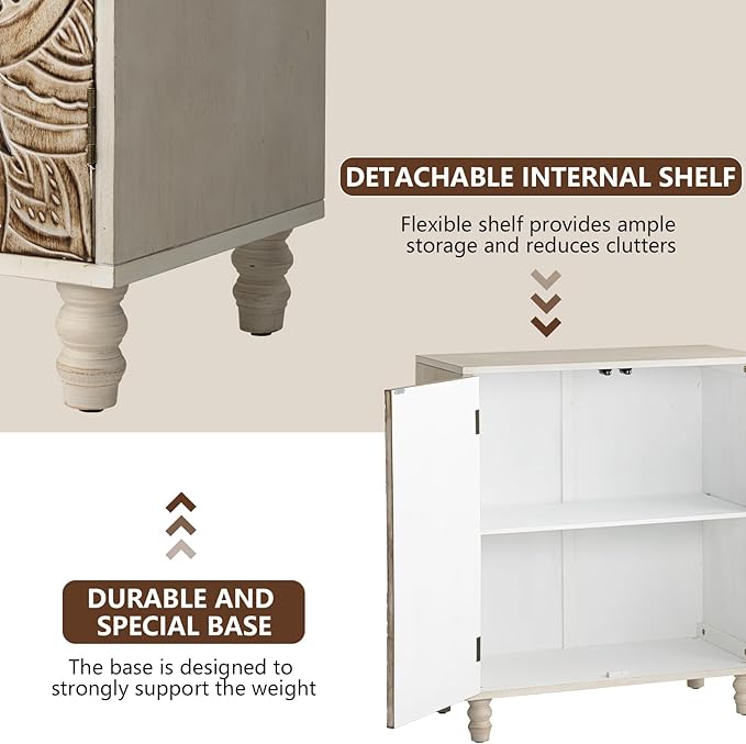 COSIEST Set of 3 32" Accent Storage Cabinets, Vintage Lotus Pattern Sideboards with Push-to-Open Doors, Carved Wood Buffet Table for Entryway, Kitchen, Living Room, Gray