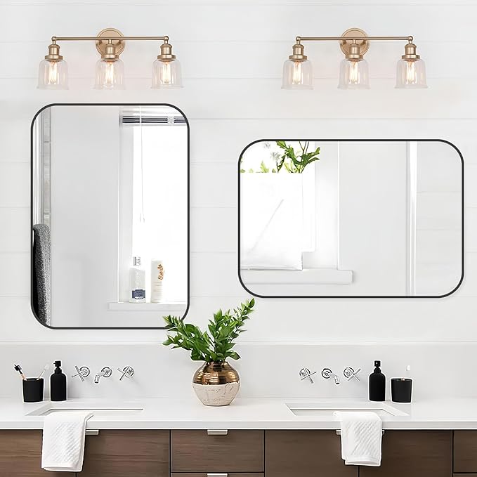 Black Bathroom Mirror, 26x38 Inch Matte Black Mirror, Aluminum Alloy Framed Vanity Mirror, Rounded Rectangle Mirror for Over Sink, Anti-Rust Wall Mirror (Horizontally or Vertically)