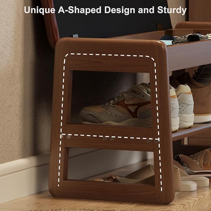 Shoe Rack Bench with Leather Cushion,2 Tiers Shoe Bench with Flip-Top Storage,Wood Shoe Rackh for Entryway,Hallway（Orange,39.3"）
