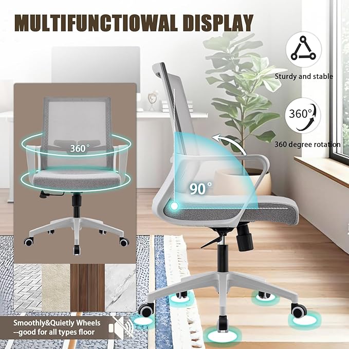 Office Chair ergonomically Designed with Breathable mesh backrest and Lumbar Support Adjustable Height Suitable for Offices Homes bedrooms Study Rooms Grey