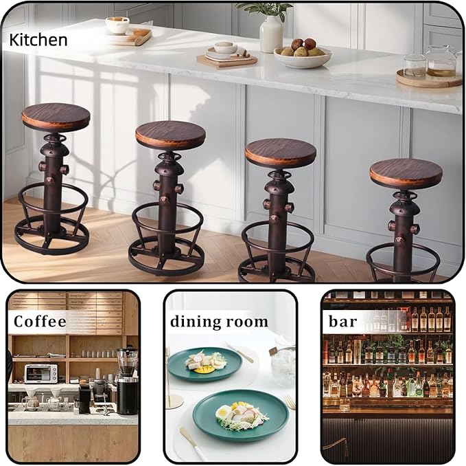 Vintage Swivel Bar Stool Industrial Coffee Kitchen Dining Chair Fire Hydrant Design Height Adjustable 24.8-30.7inch Solid Wooden Seat