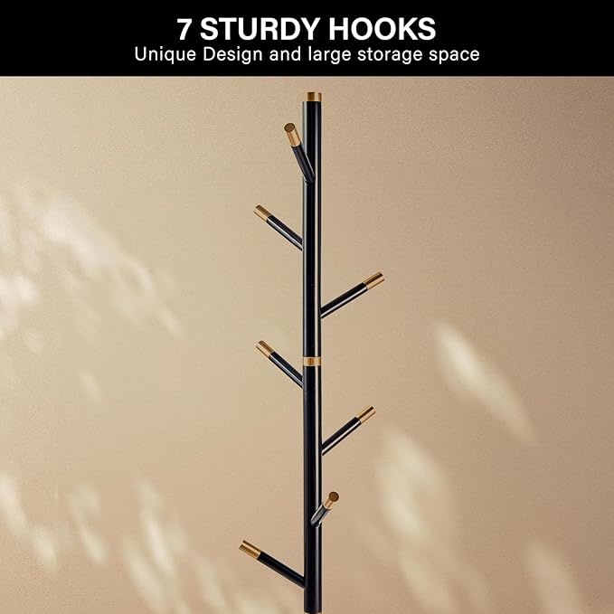 CozyDH Black Coat Rack Freestanding Solid Wood Coat Rack Stand, Coat Tree Freestanding with 7 Hooks Creative Tree Branch-look for Entryway, Hallway, Bedroom