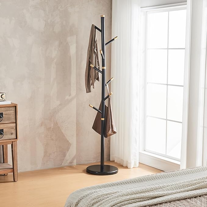CozyDH Black Coat Rack Freestanding Solid Wood Coat Rack Stand, Coat Tree Freestanding with 7 Hooks Creative Tree Branch-look for Entryway, Hallway, Bedroom