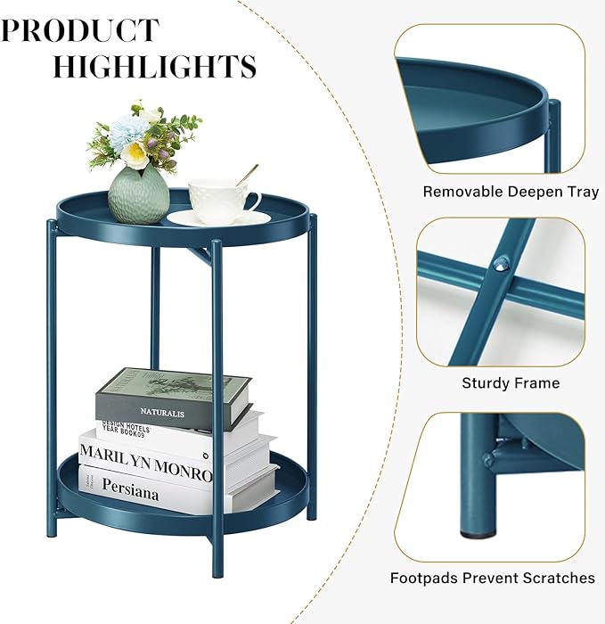 danpinera 2-Tier End Table, Outdoor Side Table Metal Round Side Table with Removable Tray, Small Accent Table, Anti-Rust Nightstand for Bedroom Balcony Patio Living Room (Navy Blue)