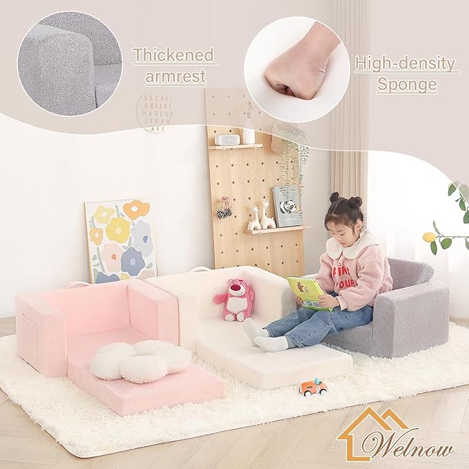 Welnow Toddler Chair, 2-in-1 Soft Sherpa Kids Sofa, Convertible Toddler Couch Lounger, Flip Out Kids Couch Chair with Side Pockets & Removable Cover for Girls and Boys, Pink